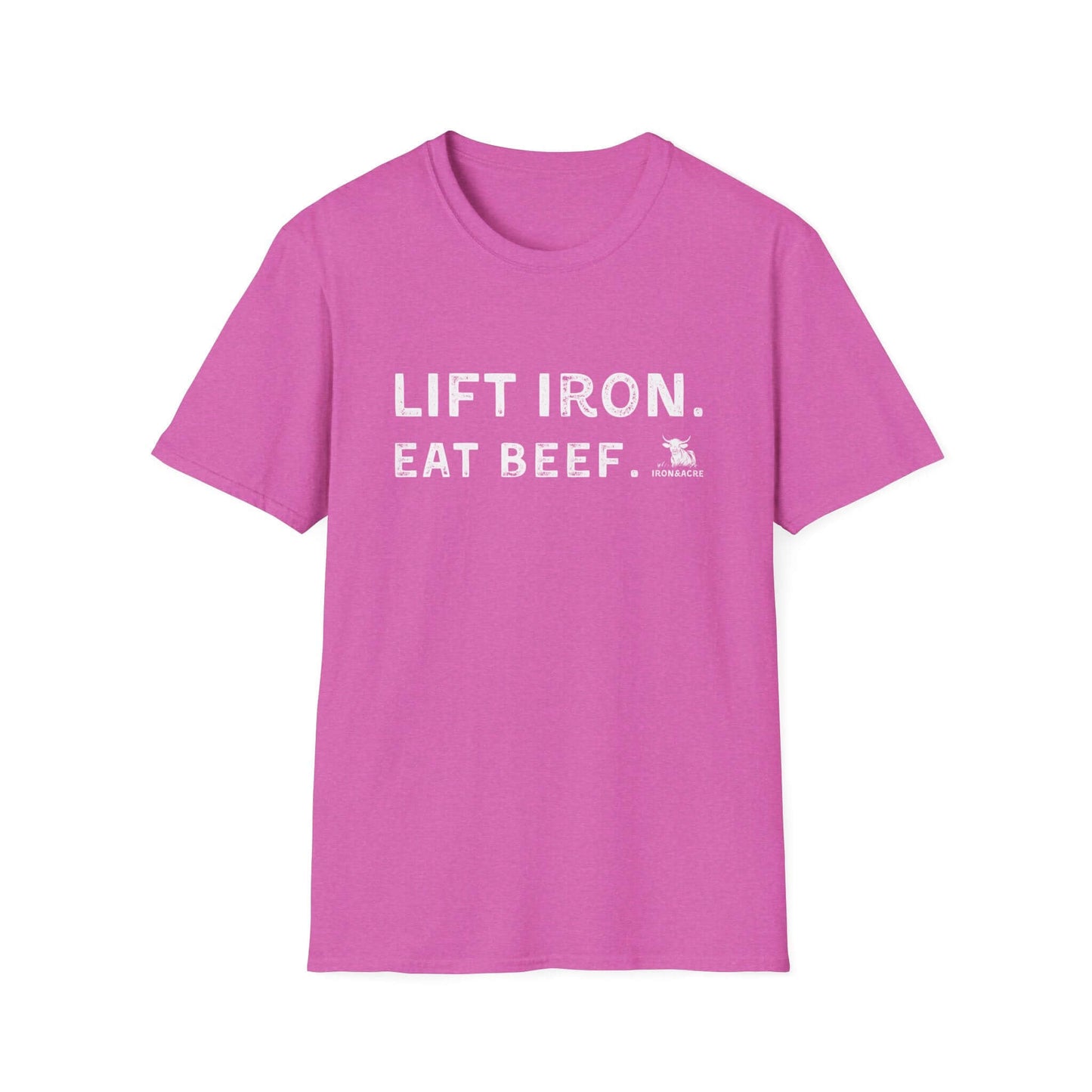 Pink unisex tee with 'Lift Iron. Eat Beef.' text, perfect for gym lovers and casual outings.
