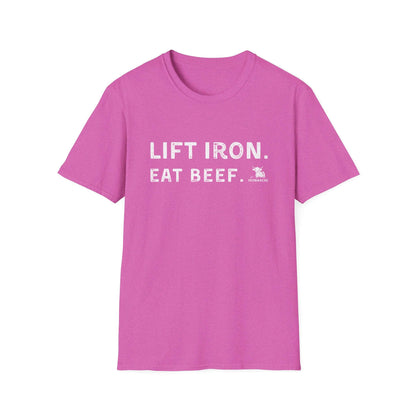 Pink unisex tee with 'Lift Iron. Eat Beef.' text, perfect for gym lovers and casual outings.