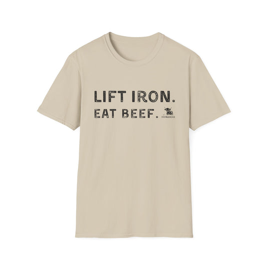 Lift Iron. Eat Beef. unisex fitness tee in beige, perfect for gym lovers and casual outings.
