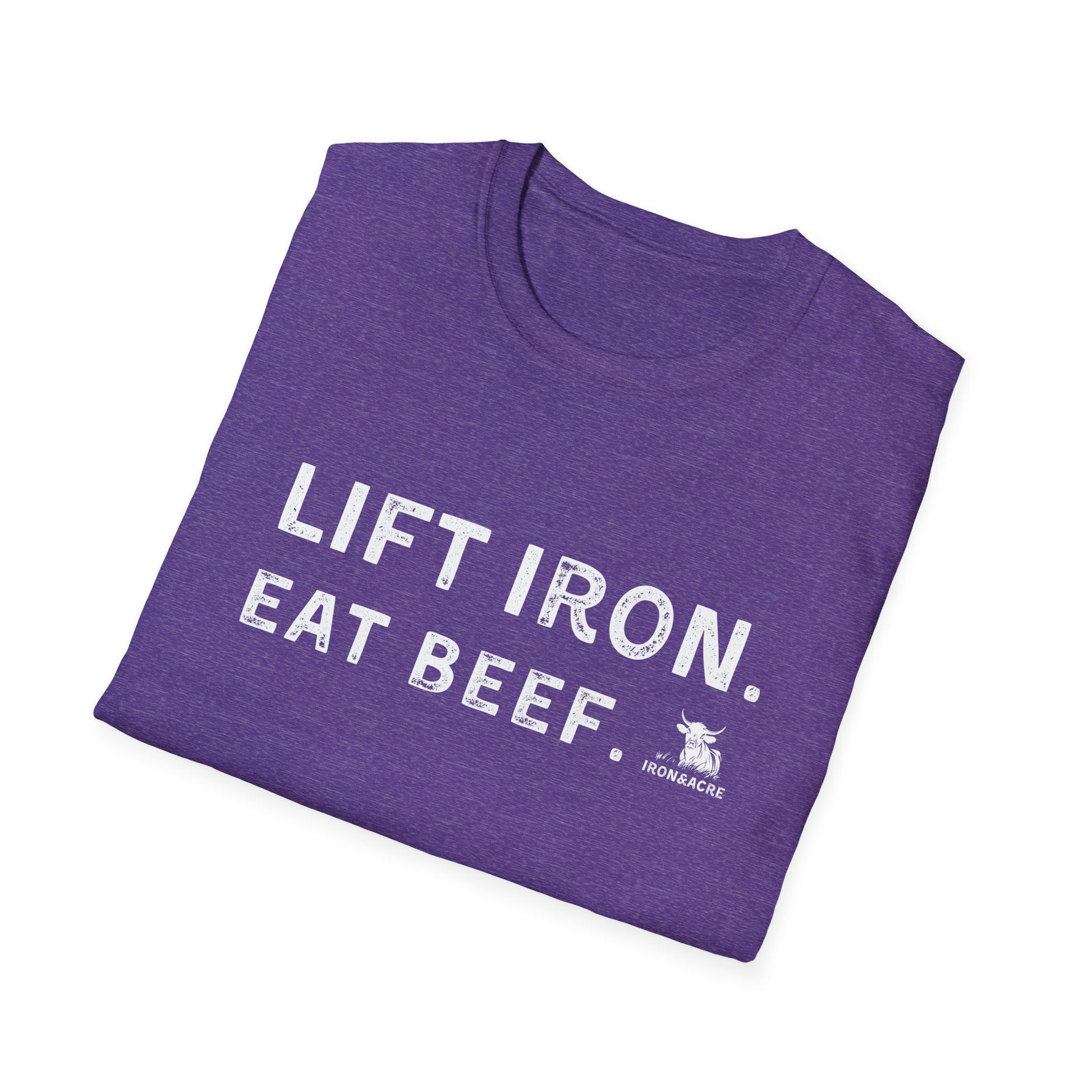 Purple unisex tee with 'Lift Iron. Eat Beef.' design, perfect for workouts or casual wear.