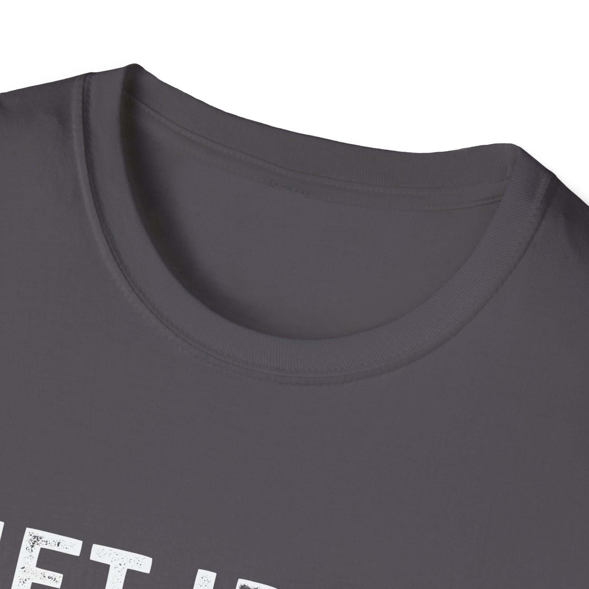 Close-up of the neckline of The Lift Iron Eat Beef Unisex Tee, featuring a comfortable fit and stylish design.