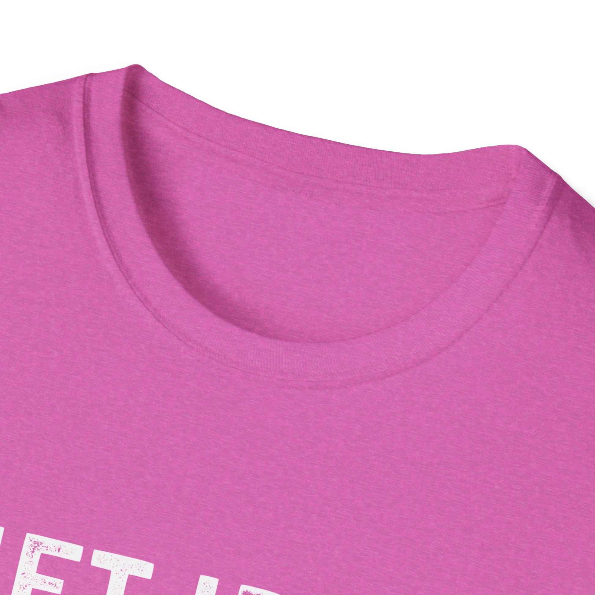 Close-up of the soft pink collar of a unisex gym tee featuring a humorous fitness slogan design.