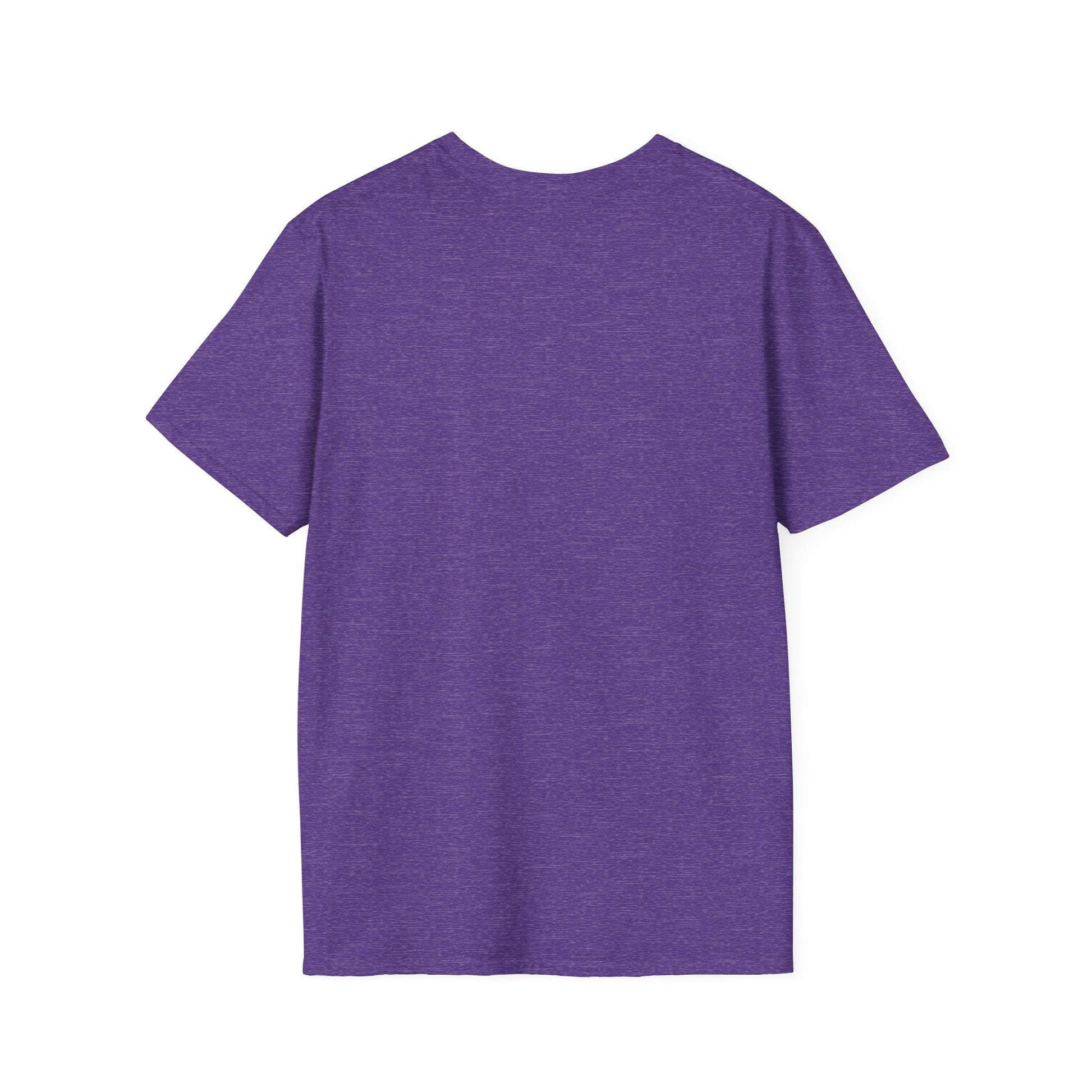 Back view of a unisex purple softstyle tee, ideal for gym wear or casual outings.