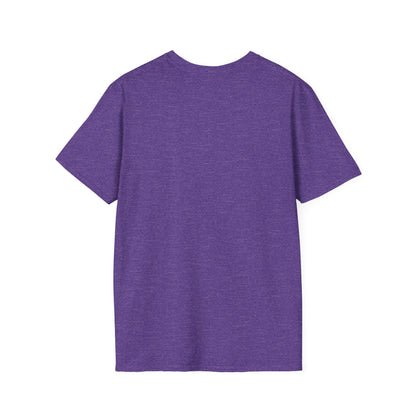 Back view of a unisex purple softstyle tee, ideal for gym wear or casual outings.