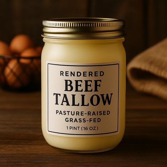 Rendered beef tallow jar, 1 pint, made from pasture-raised grass-fed cattle, perfect for cooking and baking.