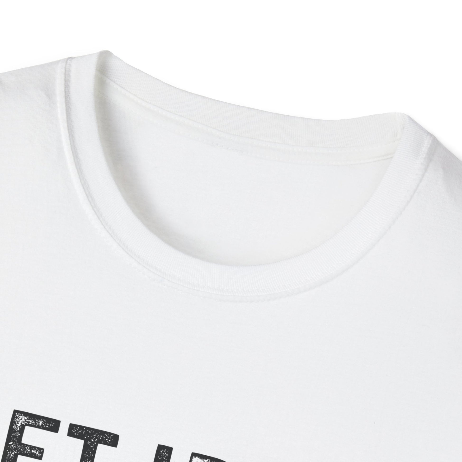 close-up of the collar of the Lift Iron Eat Beef unisex fitness tee in white, highlighting its soft fabric and stylish design.