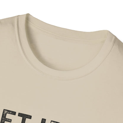 Close-up of neckline on The Lift Iron Eat Beef unisex tee, showcasing soft fabric and stylish print.