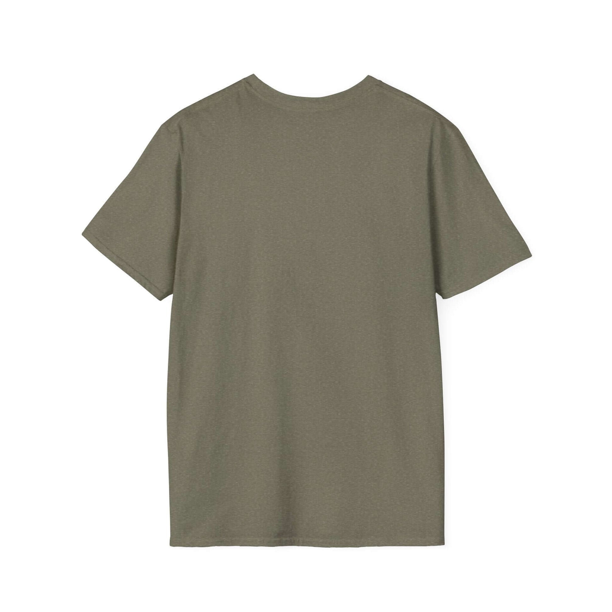Back view of a unisex olive green t-shirt, perfect for gym lovers and casual wear.