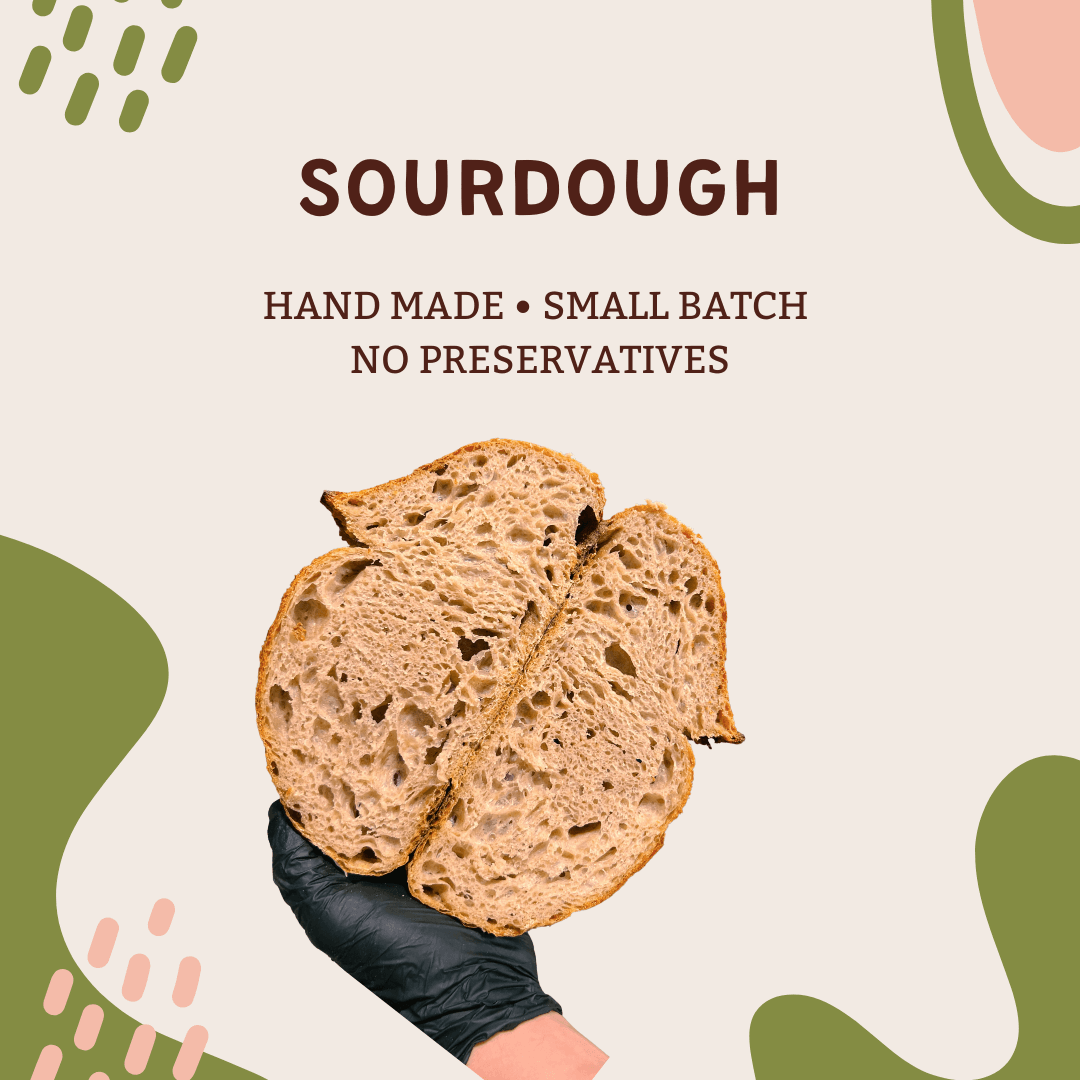 🍞  FlaRa Sourdough (1 loaf) showing a slice of handmade sourdough bread with a soft interior and crusty exterior.